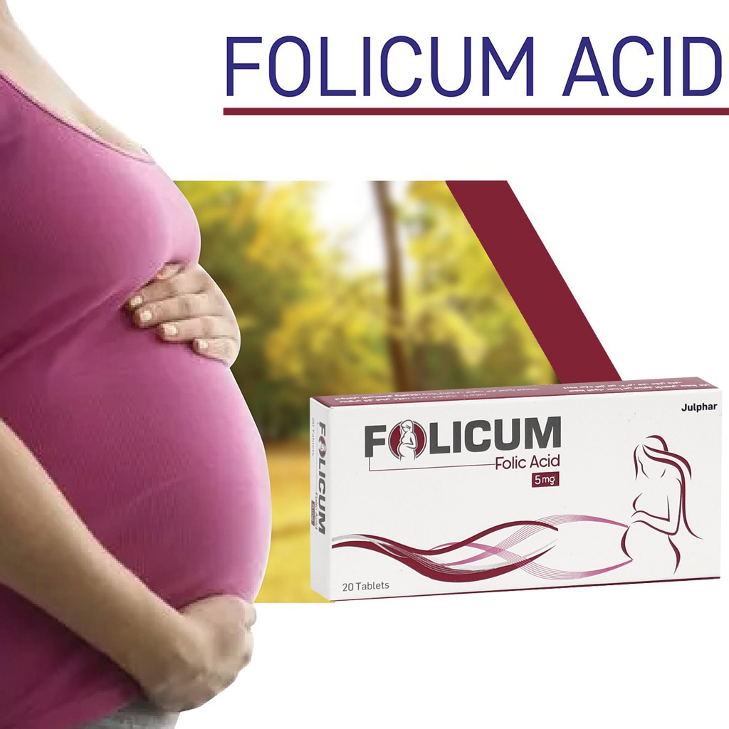 Folicum, 5mg Tablets, Folic acid supplement for prenatal health, 20 tablets