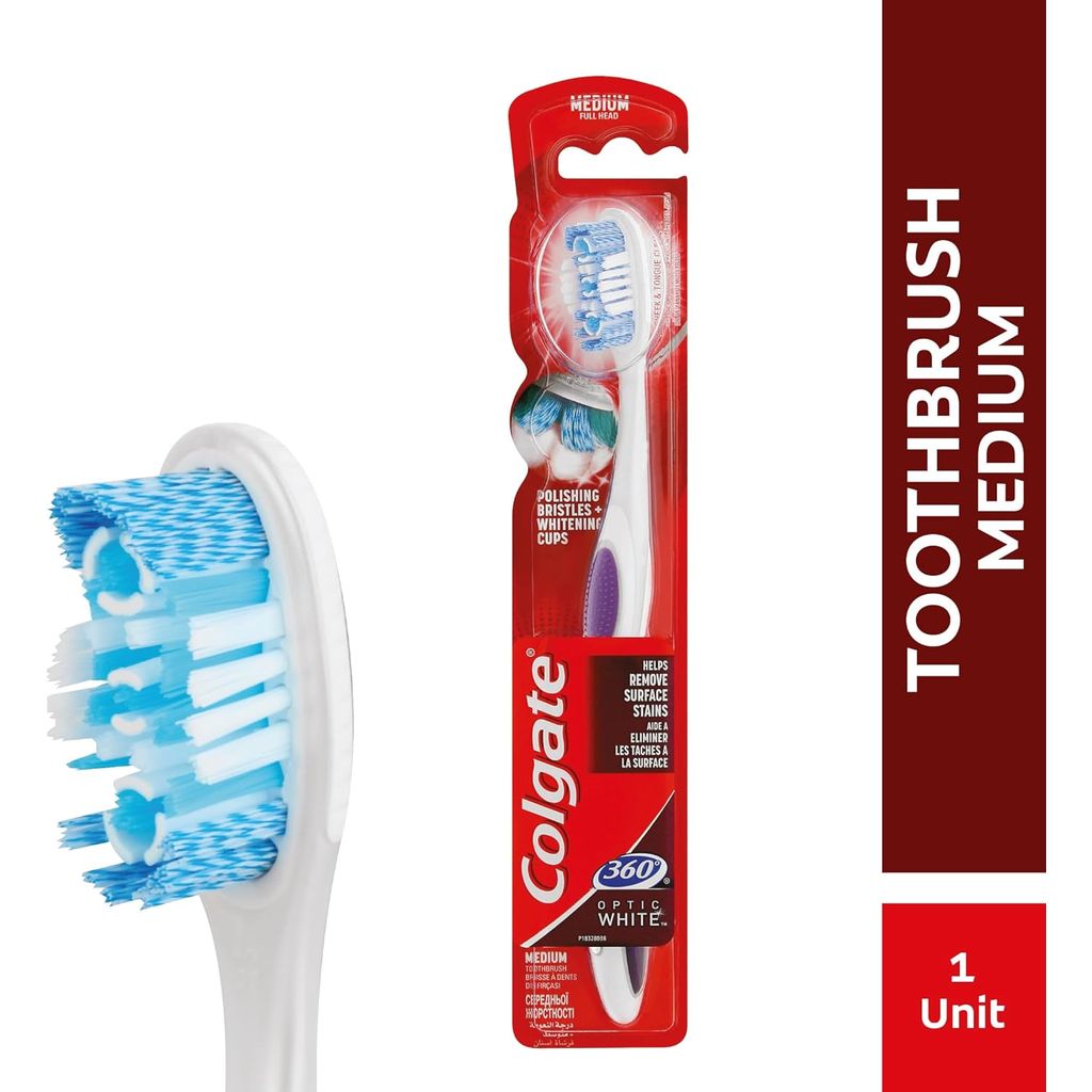 Colgate 360 Optic White Medium Teeth Whitening Toothbrush, Multi Color - 1Pk