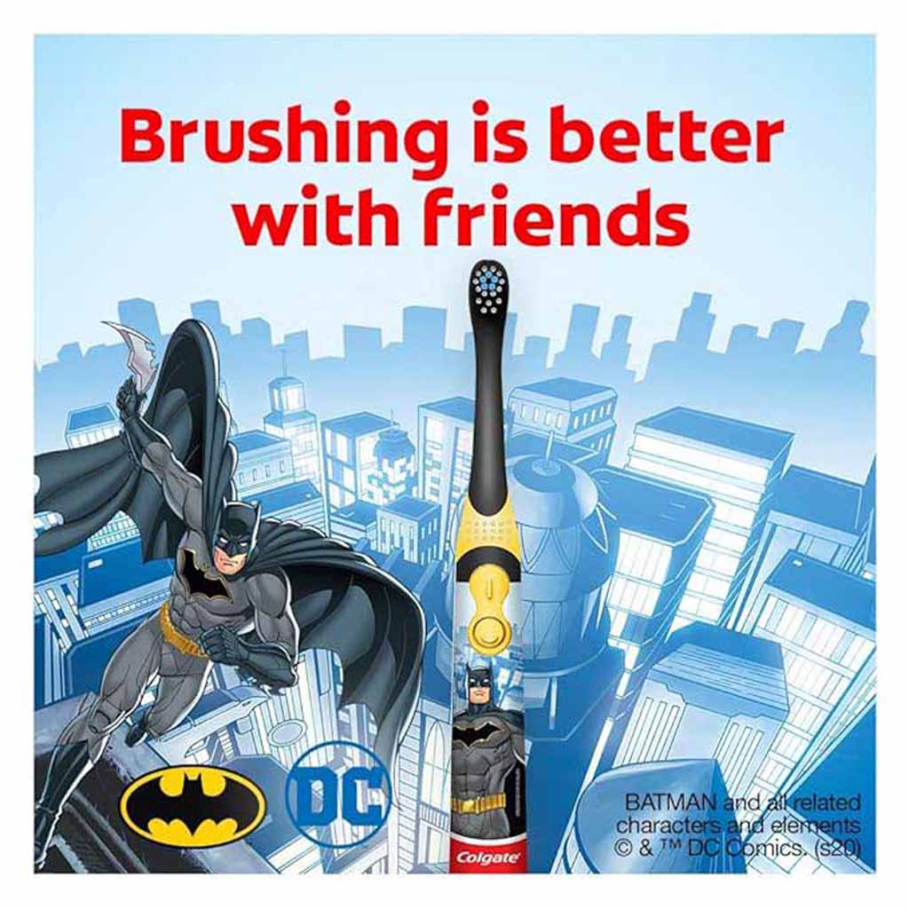 Colgate, Kids Barbie/Batman Extra Soft Battery Powered Toothbrush, Gentle electric toothbrush for children, 1 piece
