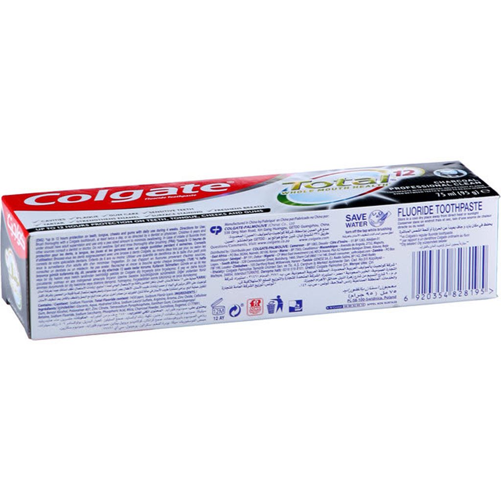 Colgate, Total 12 Hour Protection Charcoal Deep Clean Toothpaste, Deep cleaning toothpaste with charcoal, 75 ml