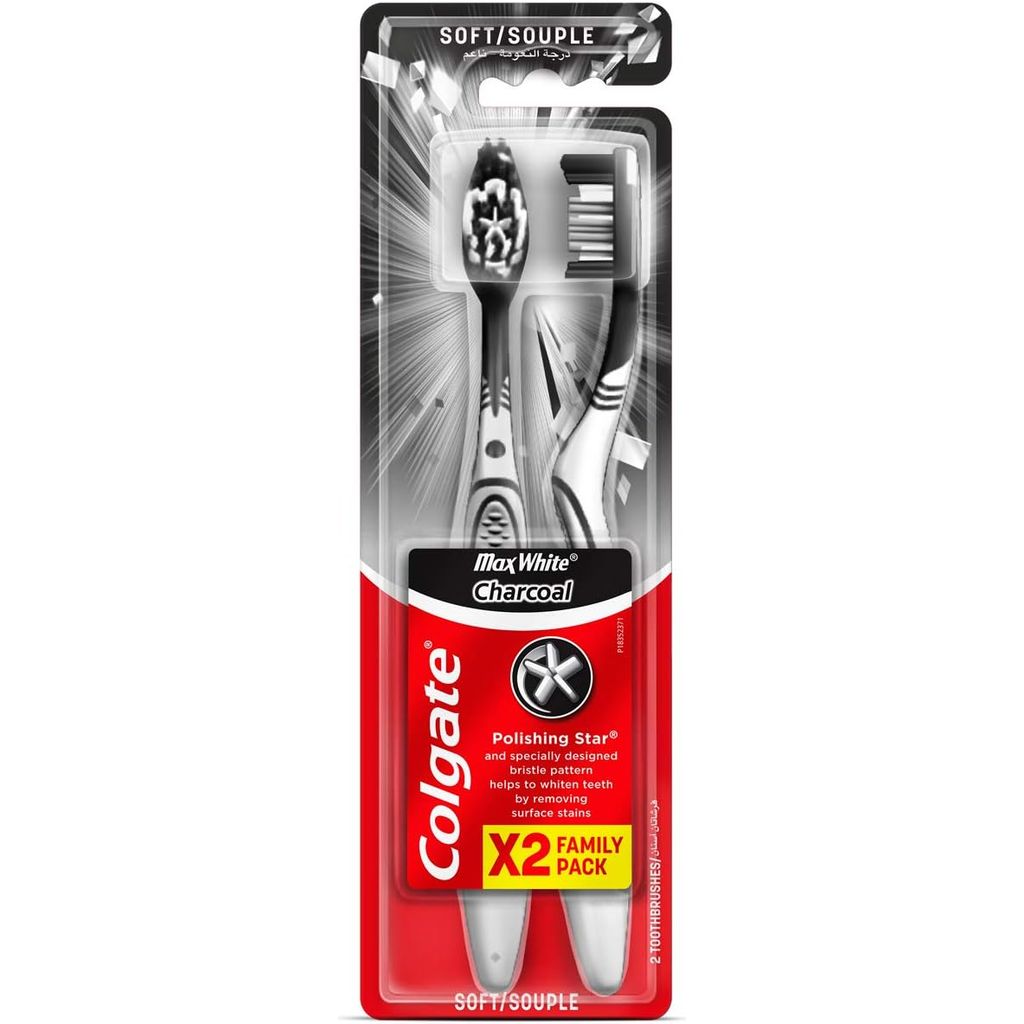 Colgate, Max White Charcoal Whitening Soft Toothbrush, Soft charcoal toothbrush for whitening, 2 pieces