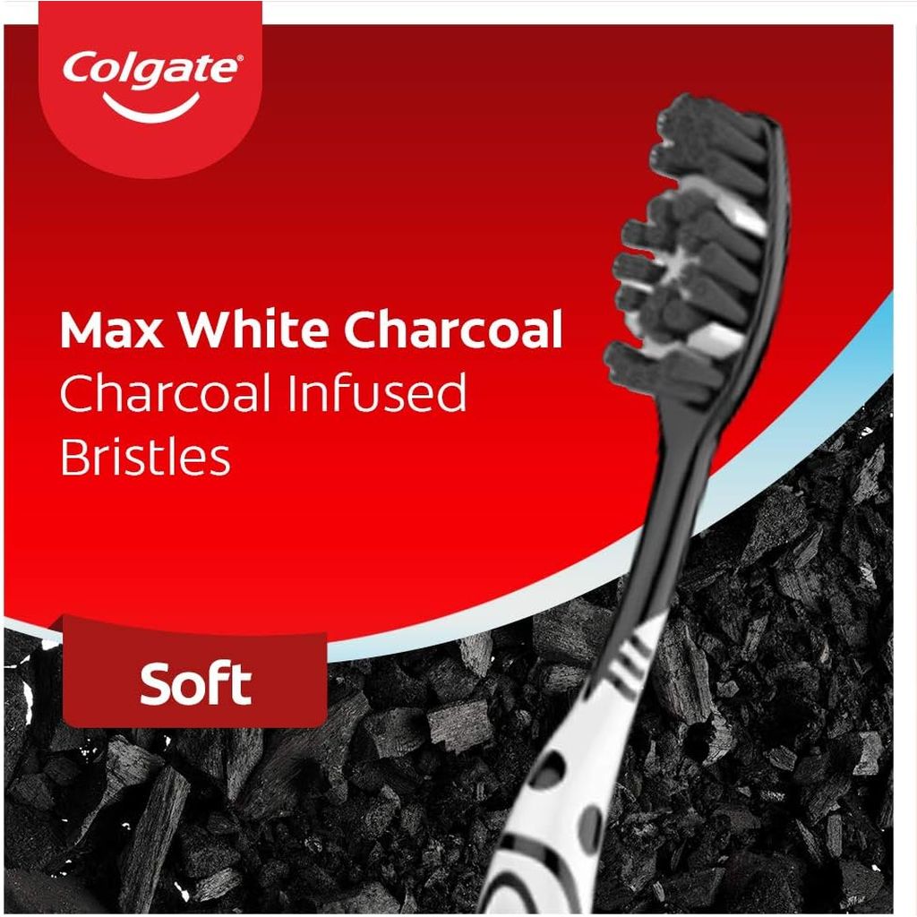 Colgate, Max White Charcoal Whitening Soft Toothbrush, Soft charcoal toothbrush for whitening, 2 pieces