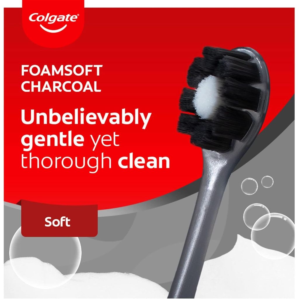 Colgate, Foam Soft Charcoal Toothbrush, Soft charcoal infused toothbrush for gentle cleaning