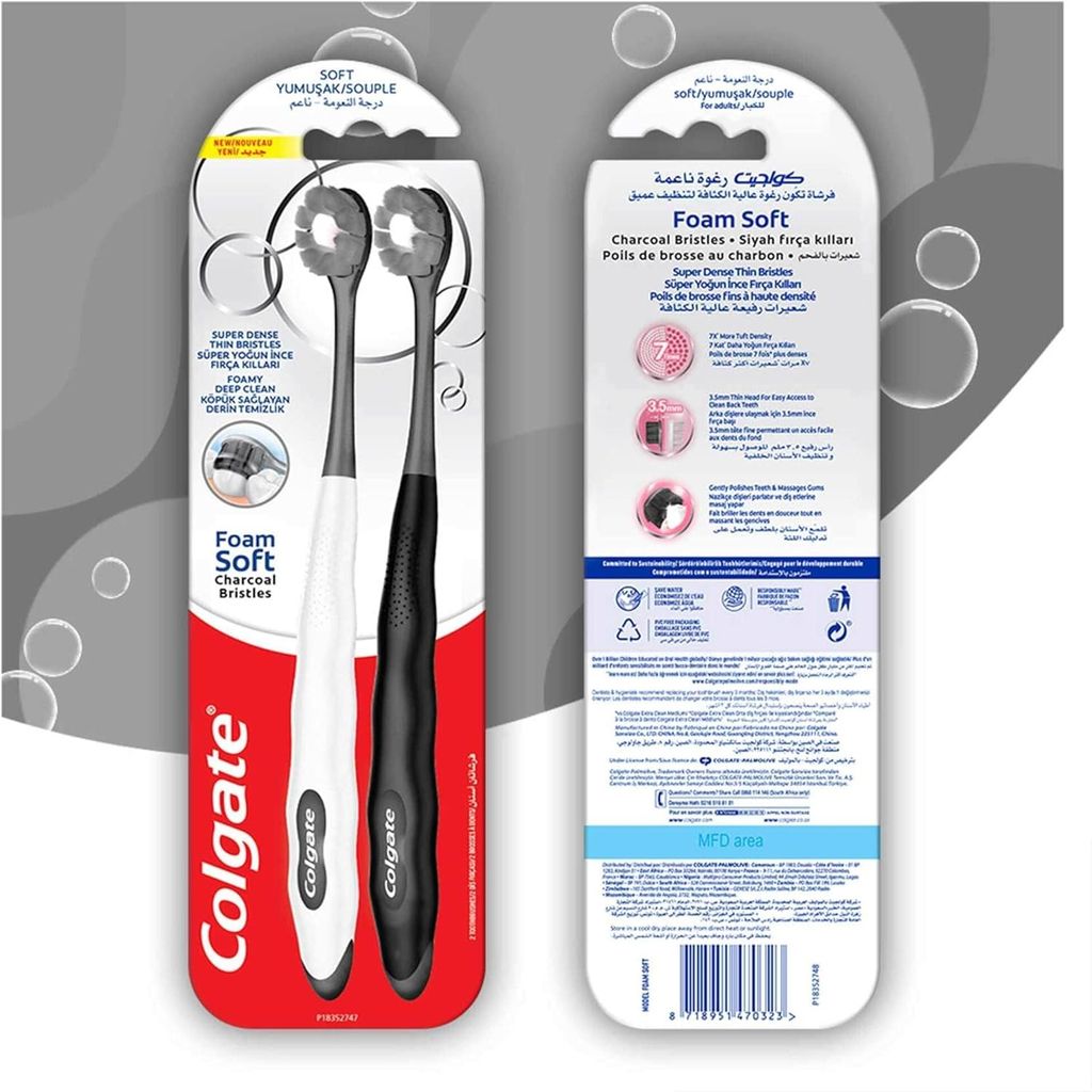 Colgate, Foam Soft Charcoal Toothbrush, Soft charcoal infused toothbrush for gentle cleaning