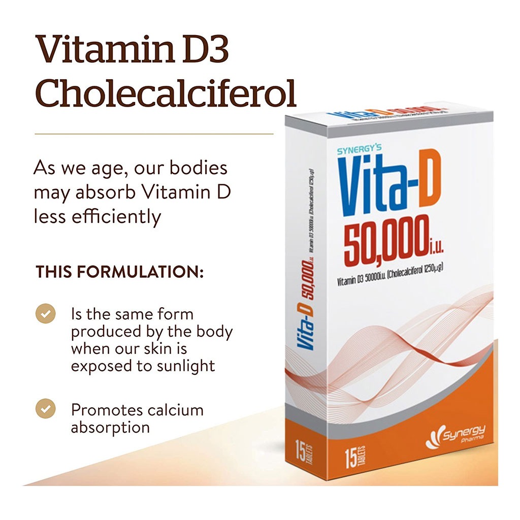 Synergy, Vita-D 50000 IU tablets, High potency vitamin D supplement for bone health, 15 tablets