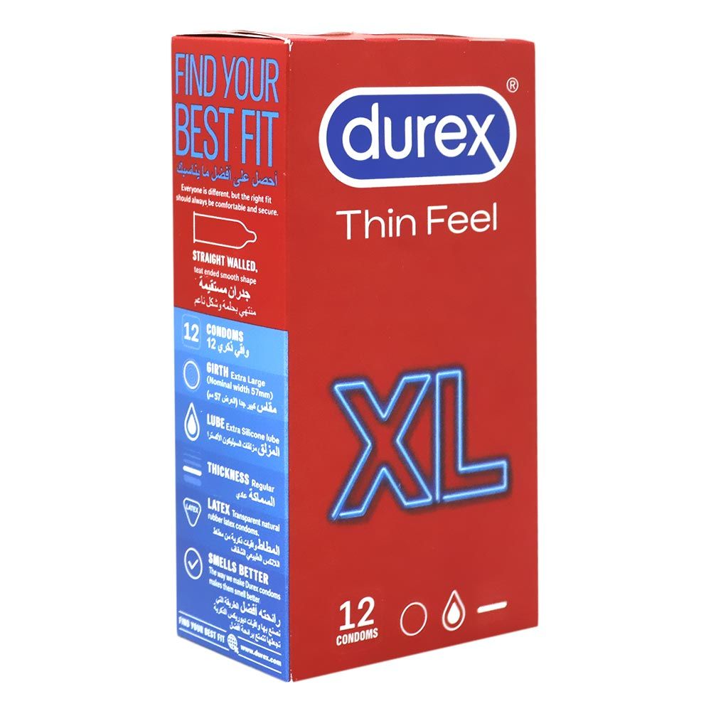 Durex, Thin Feel Condoms XL, Extra large ultra-thin condoms for comfort, 12 condoms