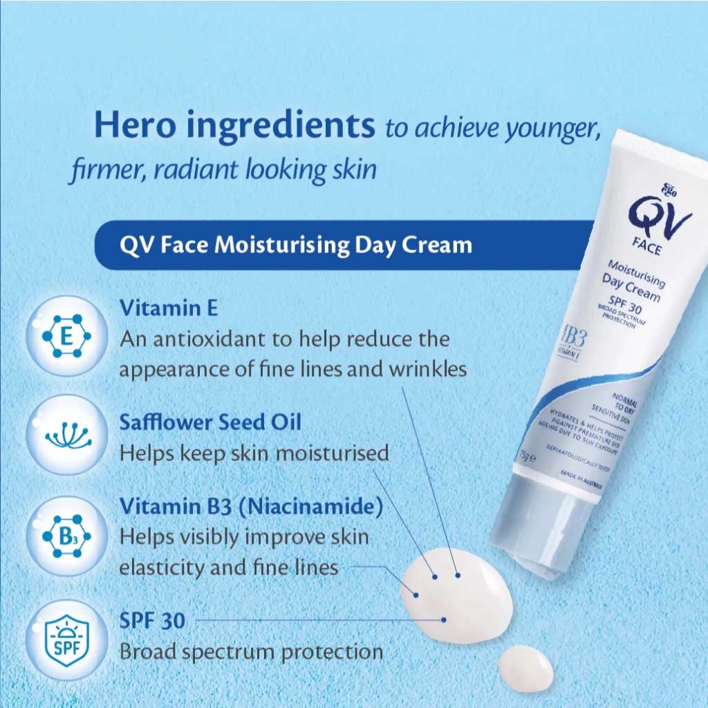 QV, Face Moisturising Day Cream SPF30+, Hydrating day cream with sun protection