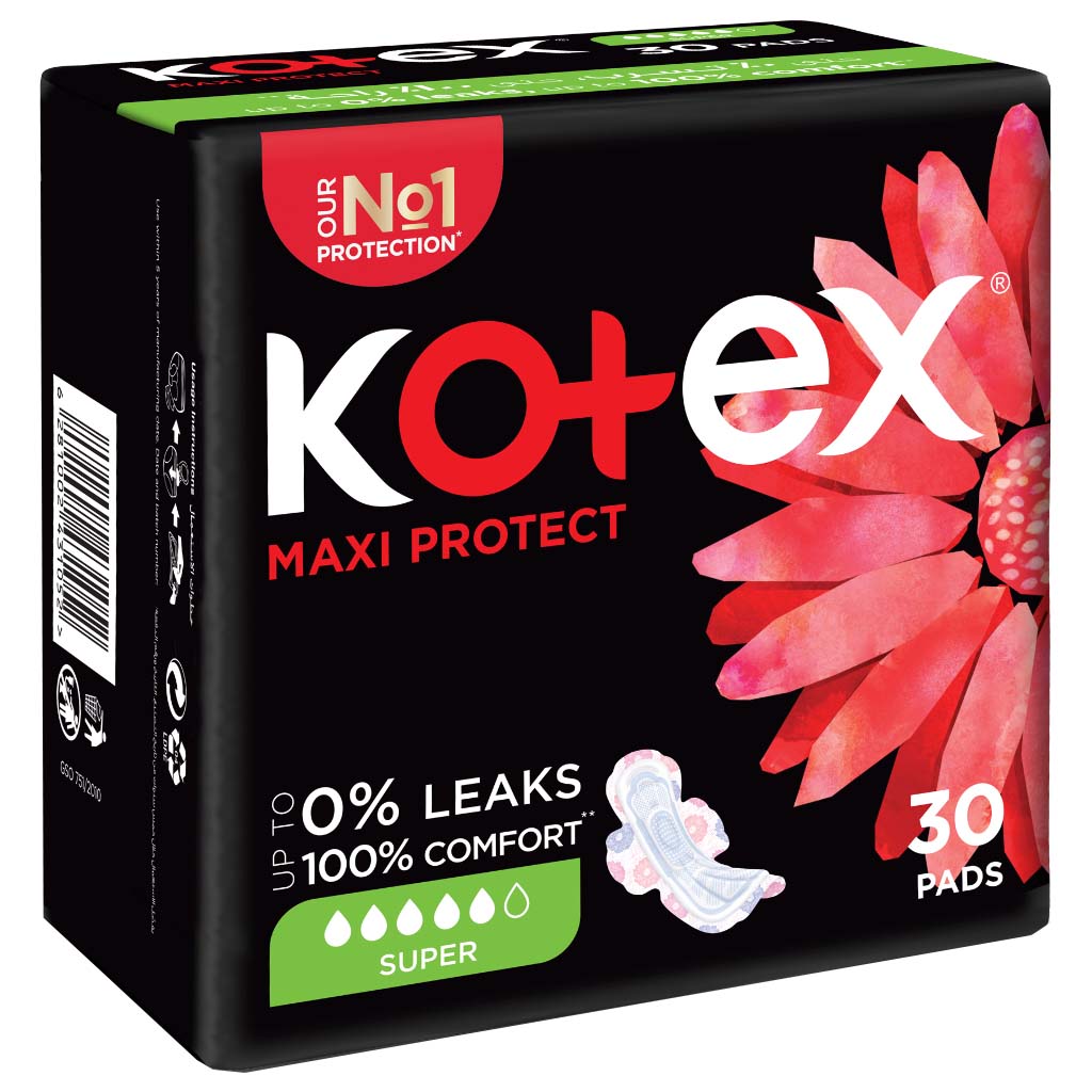 Kotex, Maxi Super Pads, High absorbency sanitary pads for heavy flow, 30 pcs