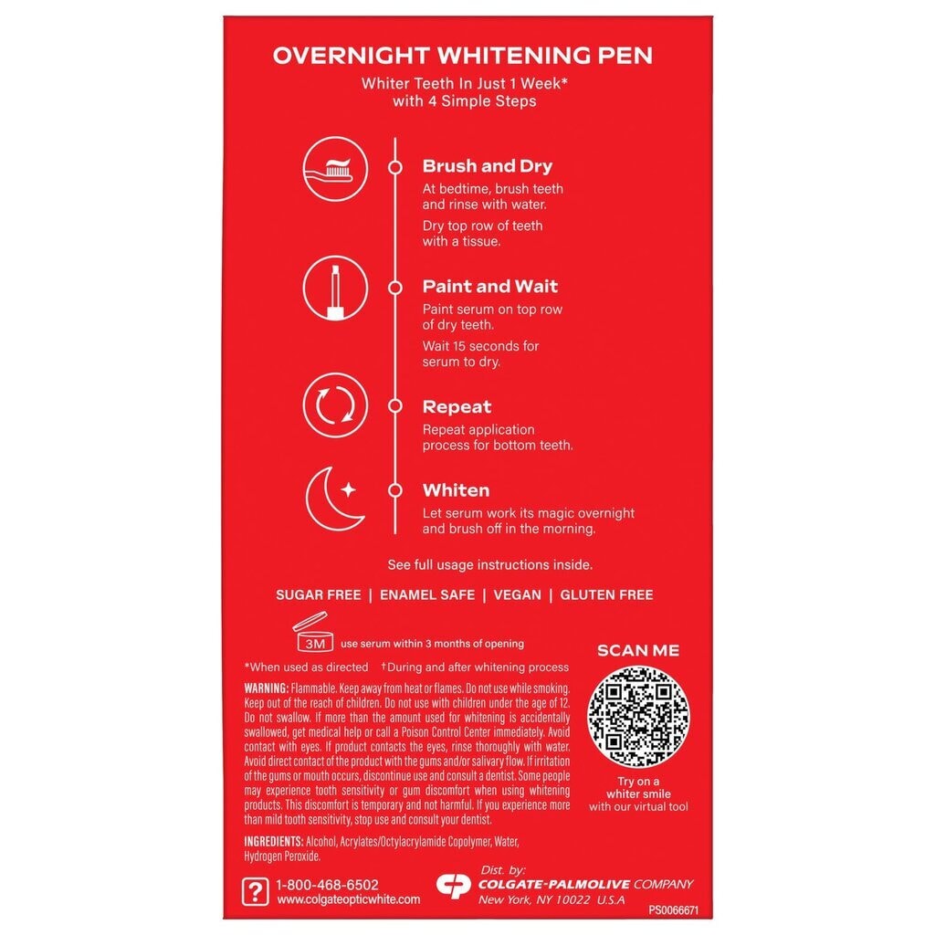 Colgate, Optic White Overnight Whitening Pen, Teeth whitening pen for overnight use