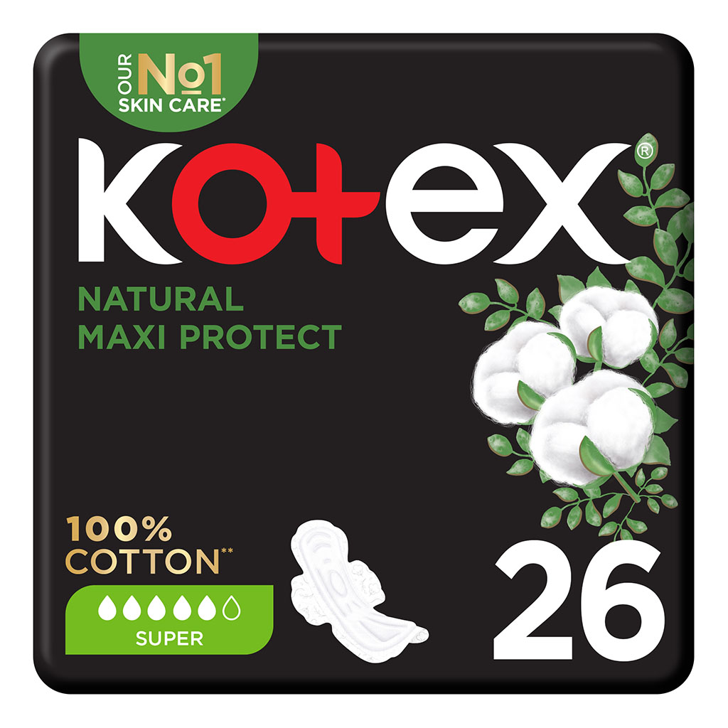 Kotex, Natural Maxi Protect Thick 100% Cotton Pads With Wings Super Size, Thick cotton sanitary pads with wings for heavy flow, 26 pads