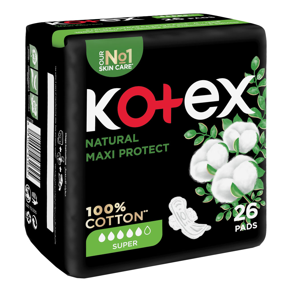 Kotex, Natural Maxi Protect Thick 100% Cotton Pads With Wings Super Size, Thick cotton sanitary pads with wings for heavy flow, 26 pads