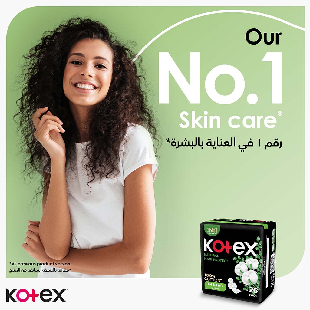 Kotex, Natural Maxi Protect Thick 100% Cotton Pads With Wings Super Size, Thick cotton sanitary pads with wings for heavy flow, 26 pads