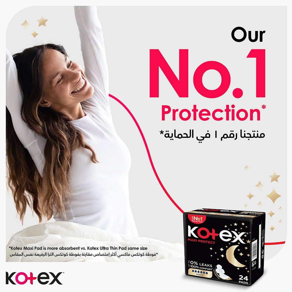Kotex Maxi Protect Thick Sanitary Pads With Wings For Overnight Protection, Pack of 8's