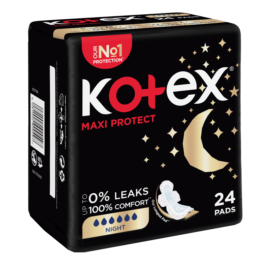 Kotex, Maxi Night Time Pads, Extra absorbent overnight sanitary pads for heavy flow