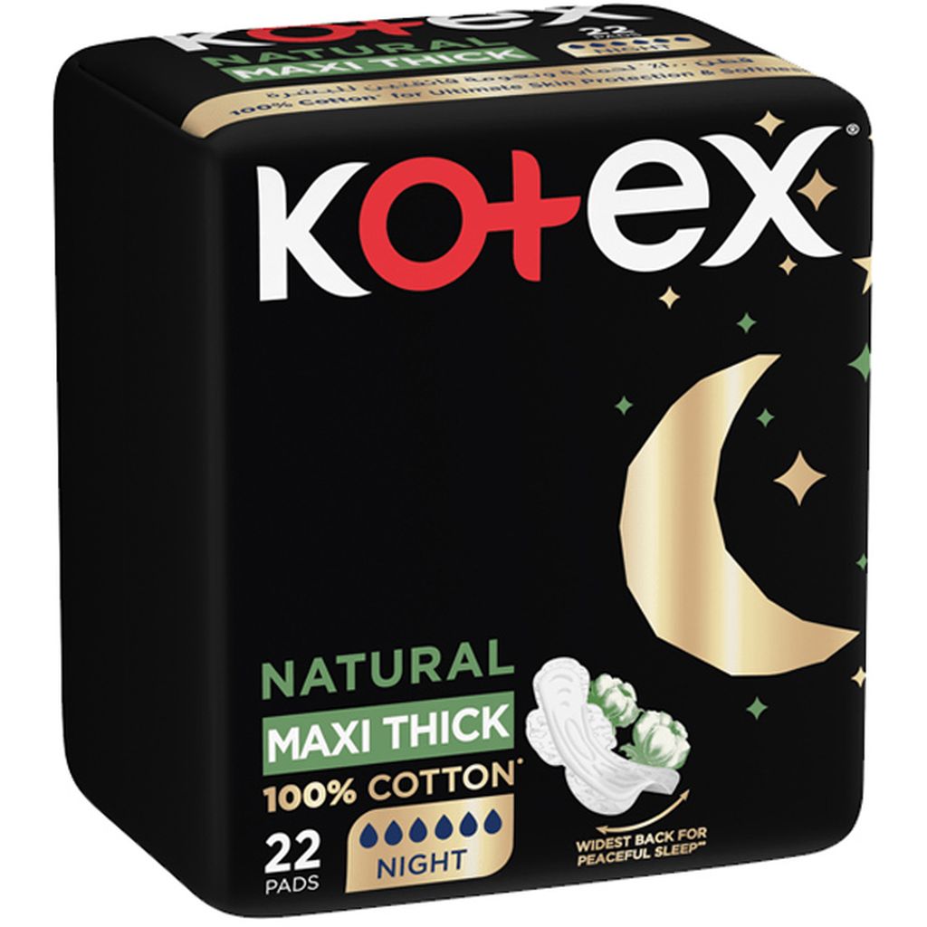 Kotex, Natural Maxi Thick Night Pads, Extra absorbent sanitary pads for overnight protection