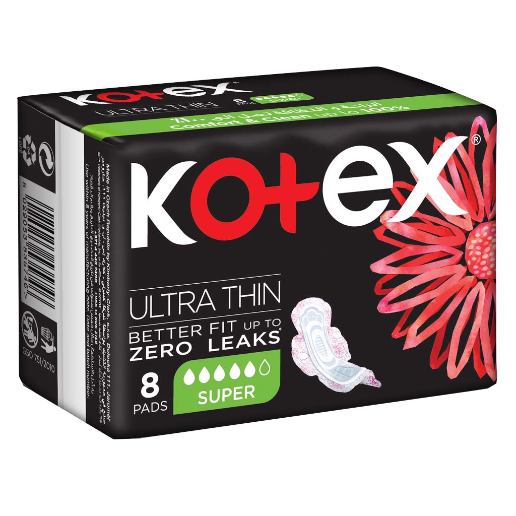 Kotex, Ultra Thin Sanitary Pads With Wings Super Size, Thin sanitary pads with wings for extra protection, 8 pads
