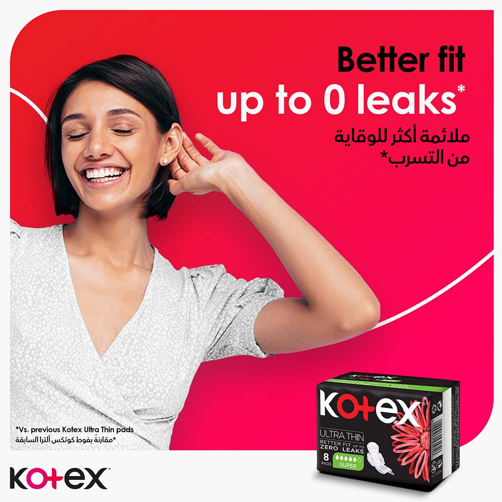 Kotex, Ultra Thin Sanitary Pads With Wings Super Size, Thin sanitary pads with wings for extra protection, 8 pads