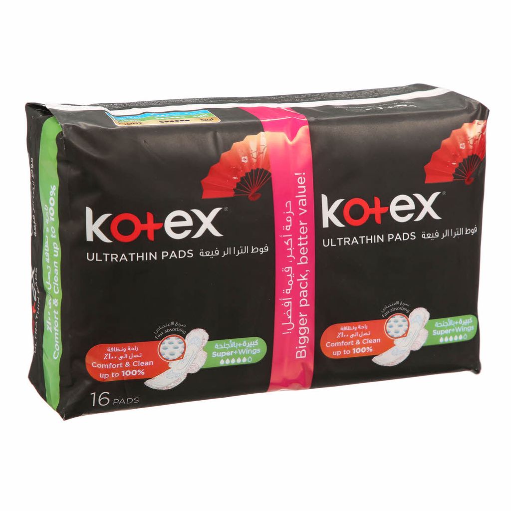 Kotex, Ultra Thin Super+ Wings Pads, Extra thin sanitary pads with wings for secure fit, 16 pcs