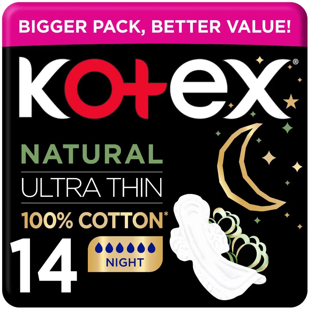 Kotex, Ultra Thin Cotton Night Pads, Comfortable overnight sanitary pads for heavy flow, 14 pads