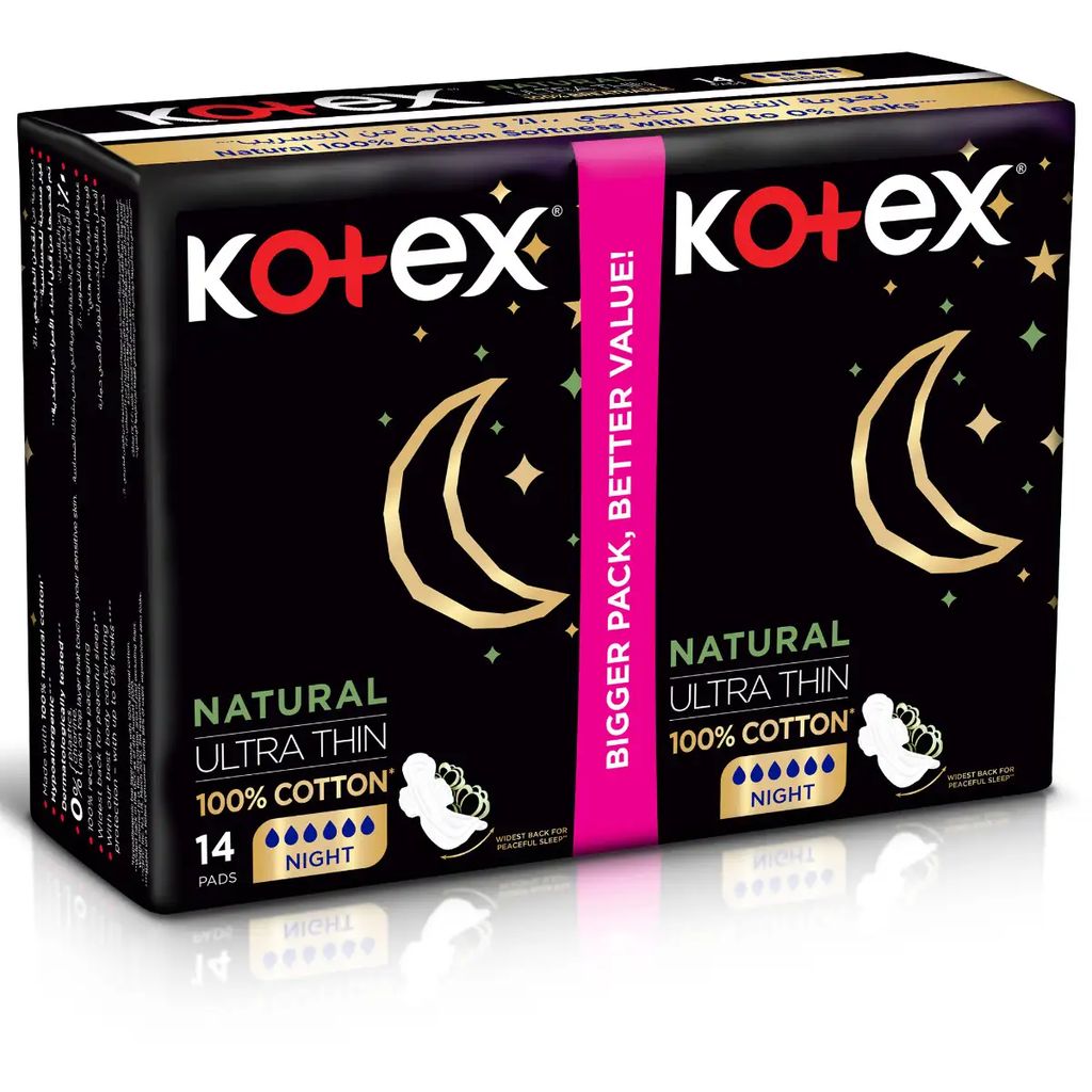 Kotex, Ultra Thin Cotton Night Pads, Comfortable overnight sanitary pads for heavy flow, 14 pads