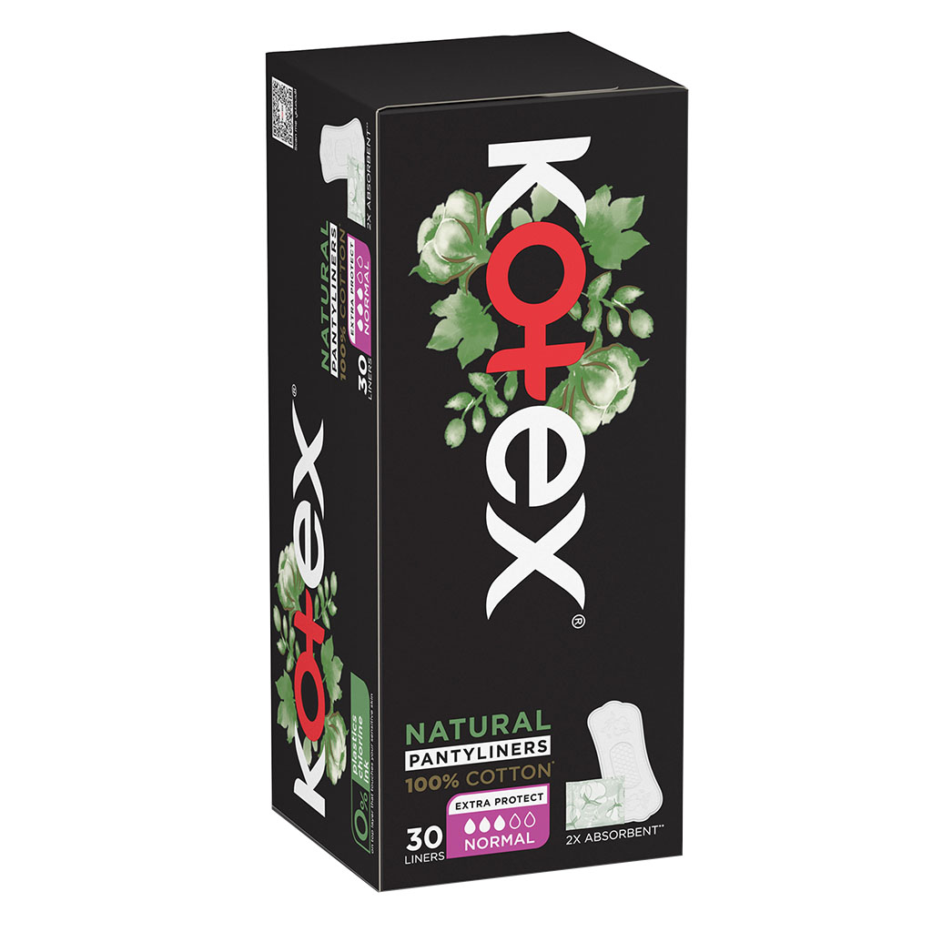Kotex Natural Panty Liners Made Of 100% Cotton For Extra Protection, Normal Size, Pack of 30's