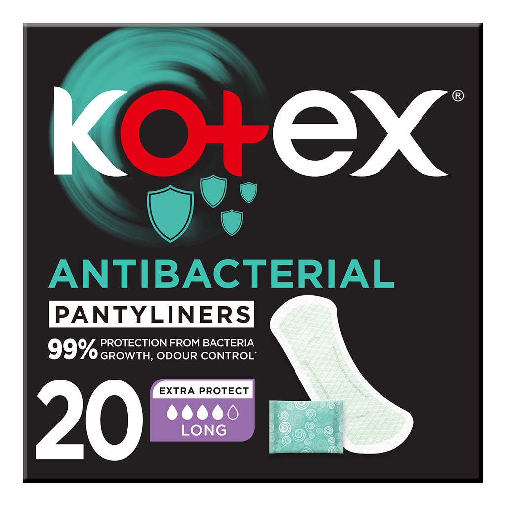 Kotex, Antibacterial Daily Panty Liners Long Size Scented, Antibacterial scented panty liners for 99% bacteria protection, 20 liners
