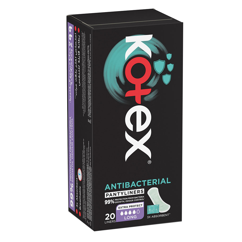 Kotex, Antibacterial Daily Panty Liners Long Size Scented, Antibacterial scented panty liners for 99% bacteria protection, 20 liners