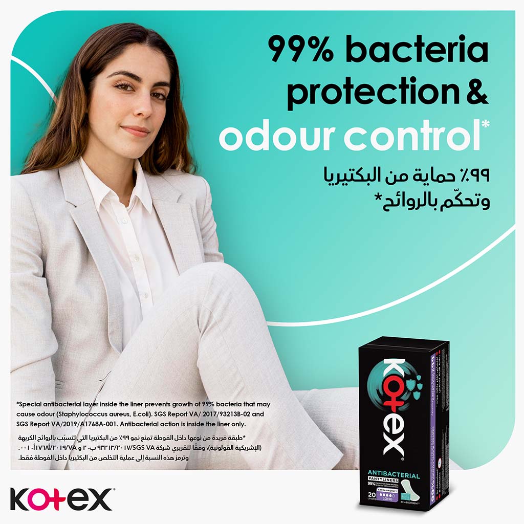 Kotex, Antibacterial Daily Panty Liners Long Size Scented, Antibacterial scented panty liners for 99% bacteria protection, 20 liners