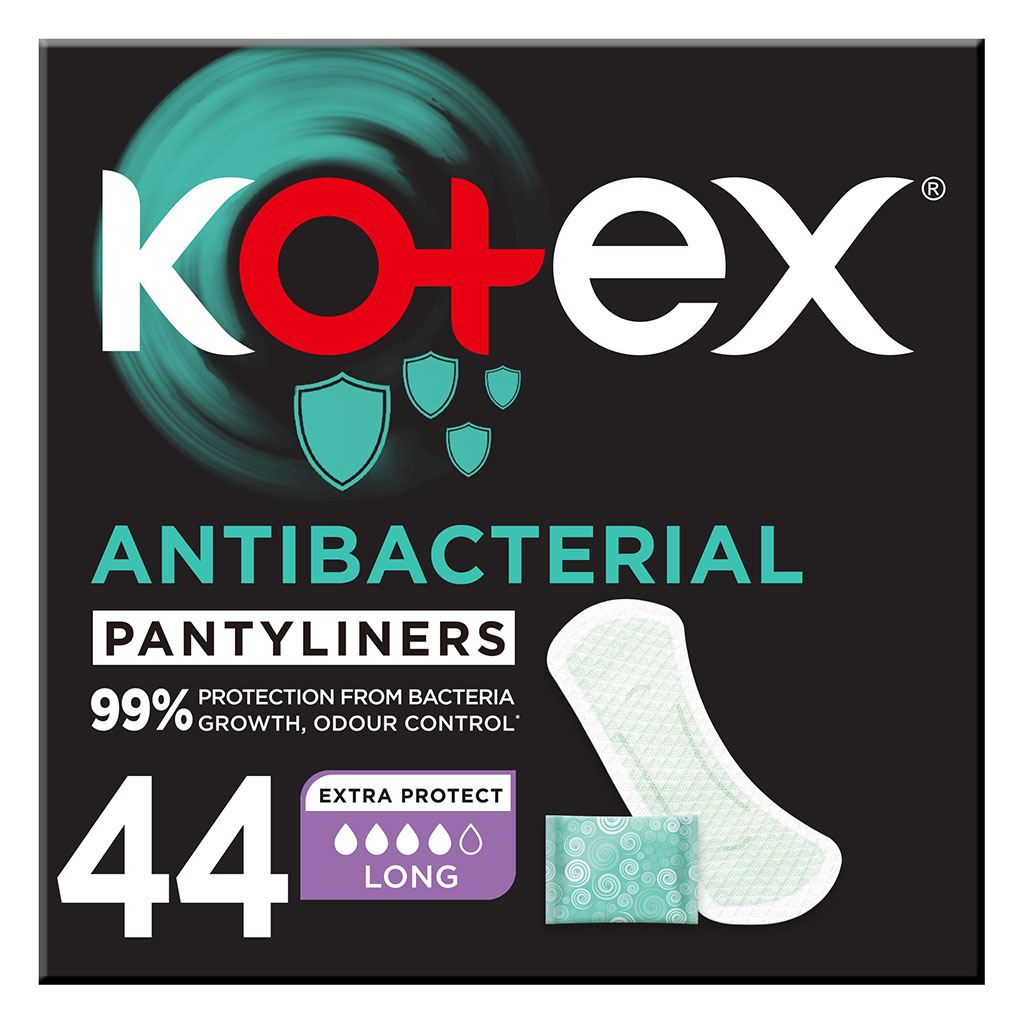Kotex, Antibacterial Daily Panty Liners Long Size, Panty liners with 99% bacteria protection, 44 liners