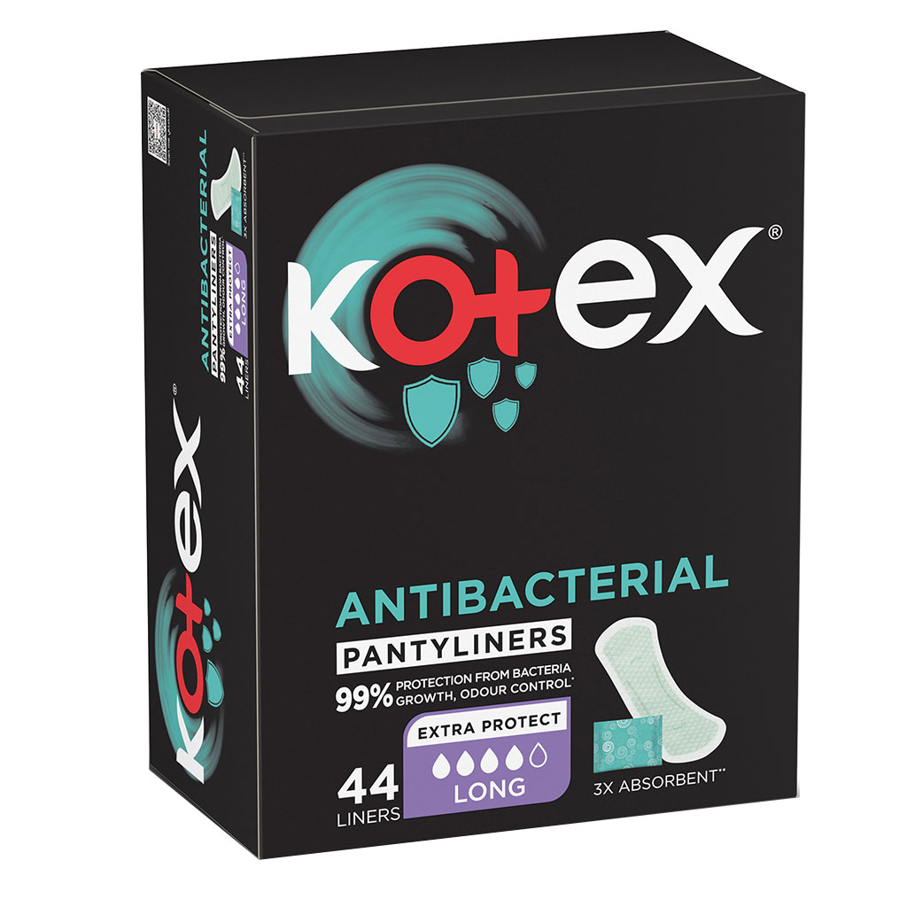 Kotex, Antibacterial Daily Panty Liners Long Size, Panty liners with 99% bacteria protection, 44 liners