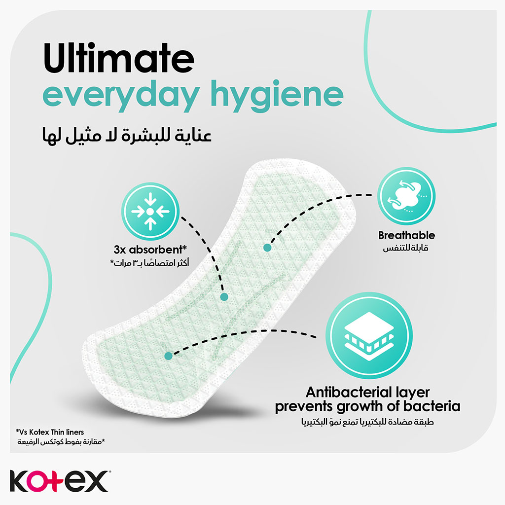 Kotex, Antibacterial Daily Panty Liners Long Size, Panty liners with 99% bacteria protection, 44 liners