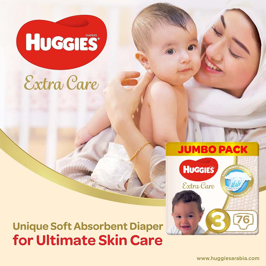 Huggies Extra Care Baby Diapers, Size 3, 4-9kg, Jumbo Pack of 76's