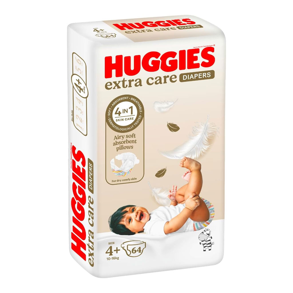 Huggies Extra Care Baby Diapers, Size 4+, For 10-16kg Baby, Promo Jumbo Pack of 64's