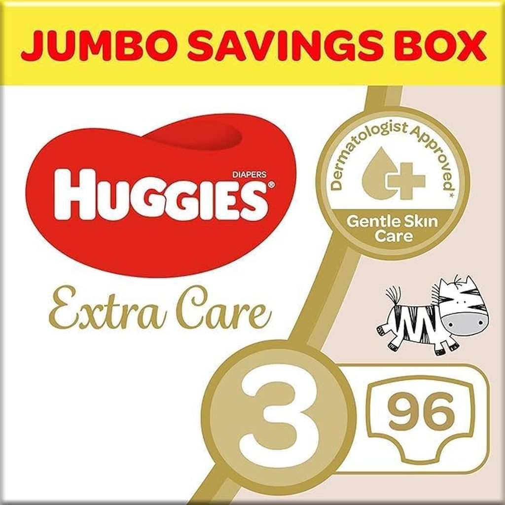 Huggies, Extra Care Jumbo Box Diapers, Size 3, Soft breathable diapers for sensitive skin