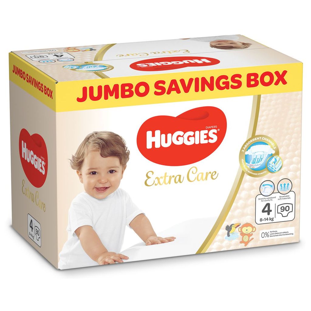 Huggies, Extra Care Jumbo diapers, Soft and breathable diapers for toddlers, size 4, 90 pcs