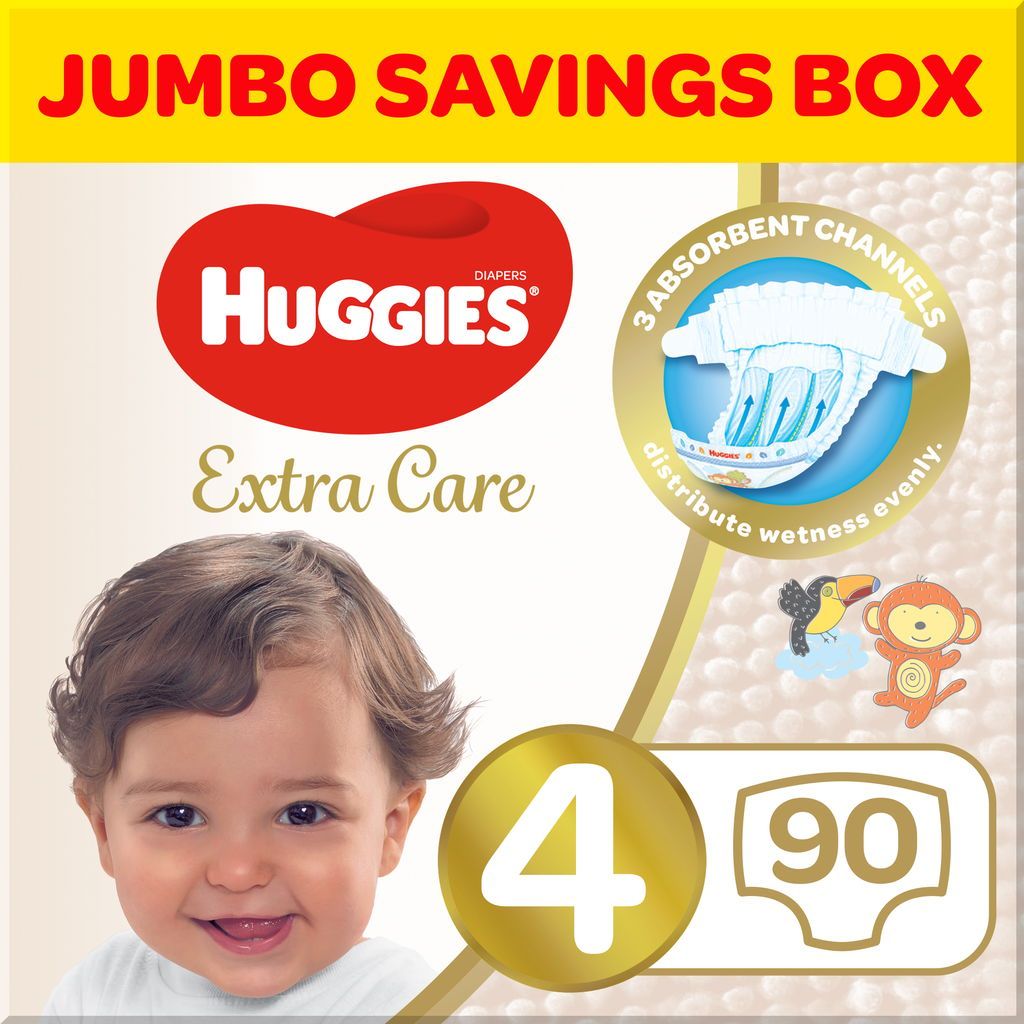 Huggies, Extra Care Jumbo diapers, Soft and breathable diapers for toddlers, size 4, 90 pcs