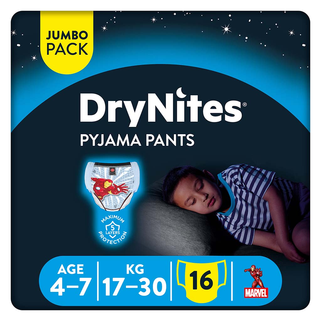 Huggies DryNites Pyjama Pants, 4-7 Years,17-30Kg, Bed Wetting Diapers For Boys, Jumbo Pack of 16's