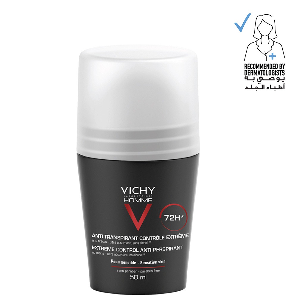 Vichy Homme, 72 Hour Soothing Anti-Perspirant Deodorant Roll-On, Long-lasting deodorant for sensitive skin, 50 ml