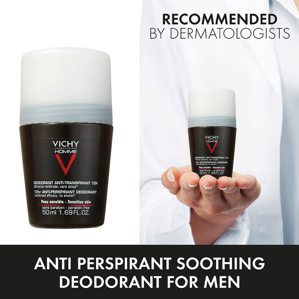 Vichy Homme, 72 Hour Soothing Anti-Perspirant Deodorant Roll-On, Long-lasting deodorant for sensitive skin, 50 ml