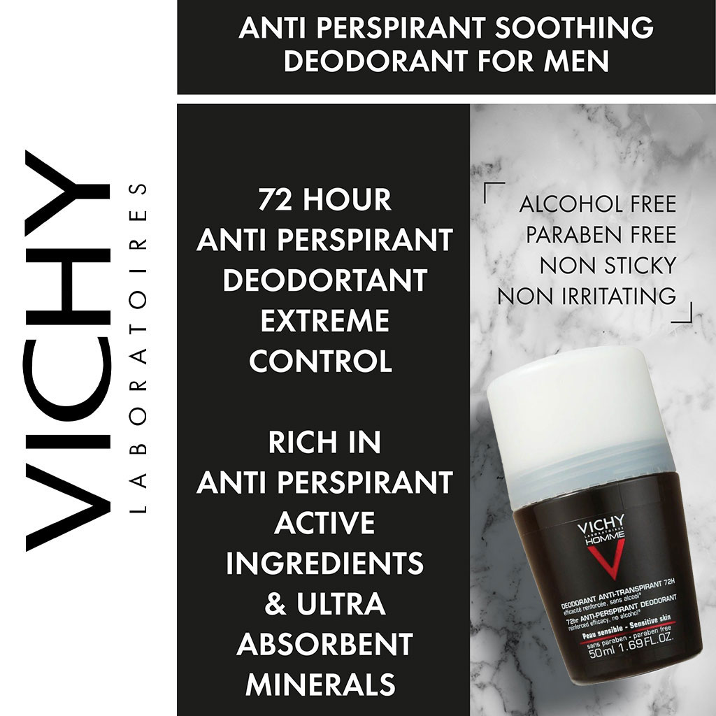 Vichy Homme, 72 Hour Soothing Anti-Perspirant Deodorant Roll-On, Long-lasting deodorant for sensitive skin, 50 ml