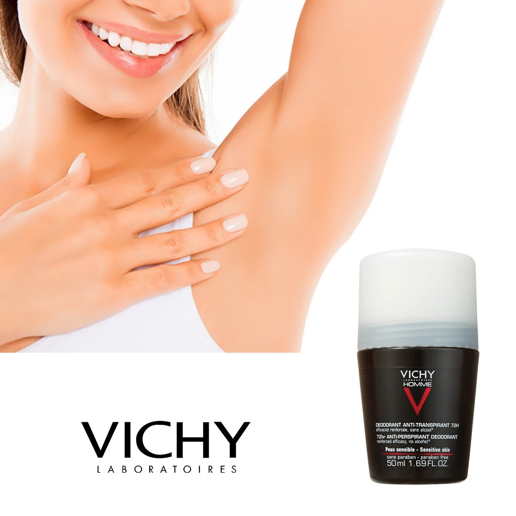 Vichy Homme, 72 Hour Soothing Anti-Perspirant Deodorant Roll-On, Long-lasting deodorant for sensitive skin, 50 ml