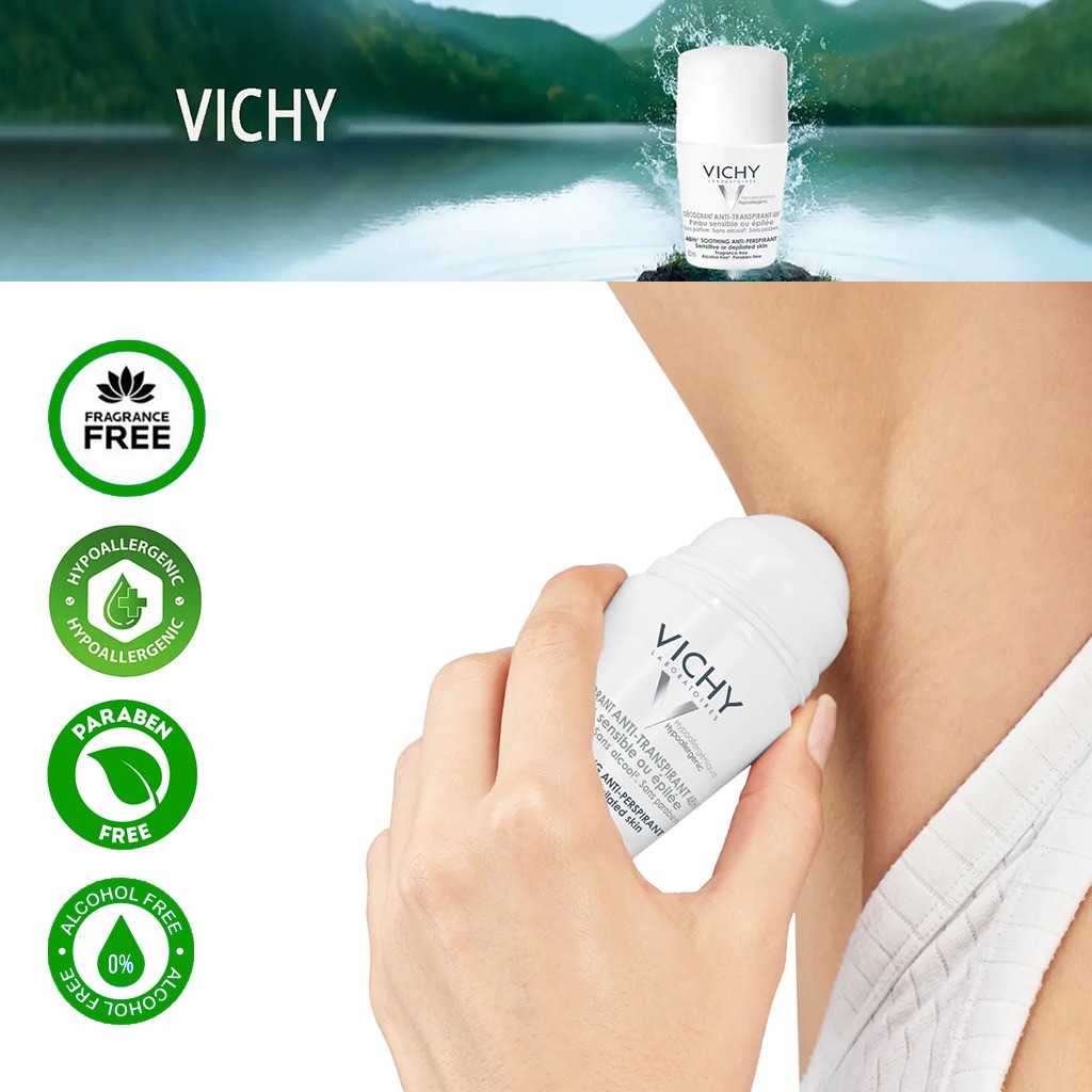 Vichy, Deodorant Roll-On Sensitive Skin, Gentle anti-perspirant deodorant for sensitive skin