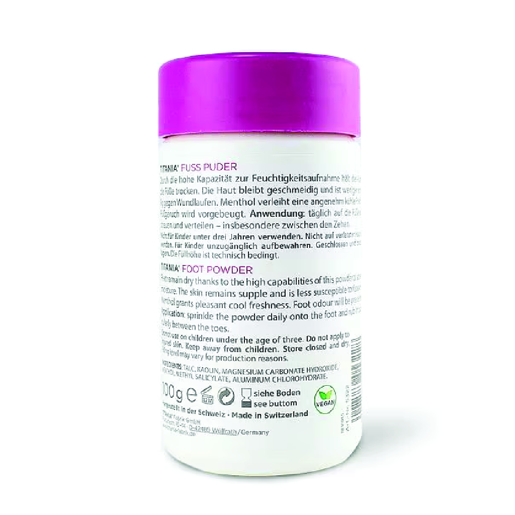 Titania, Foot Powder, Antibacterial foot powder for odor control
