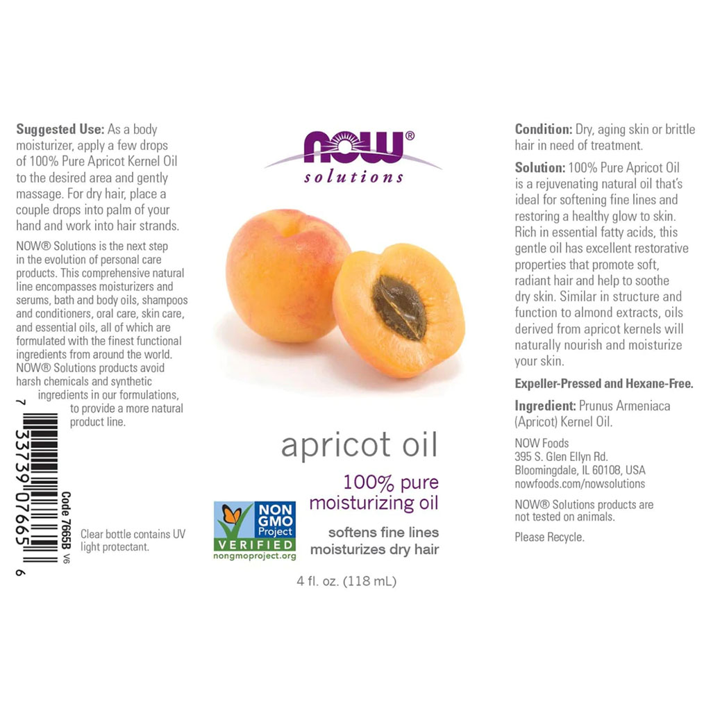 Now, Apricot kernel oil, Natural oil for skin and hair nourishment, 118ml