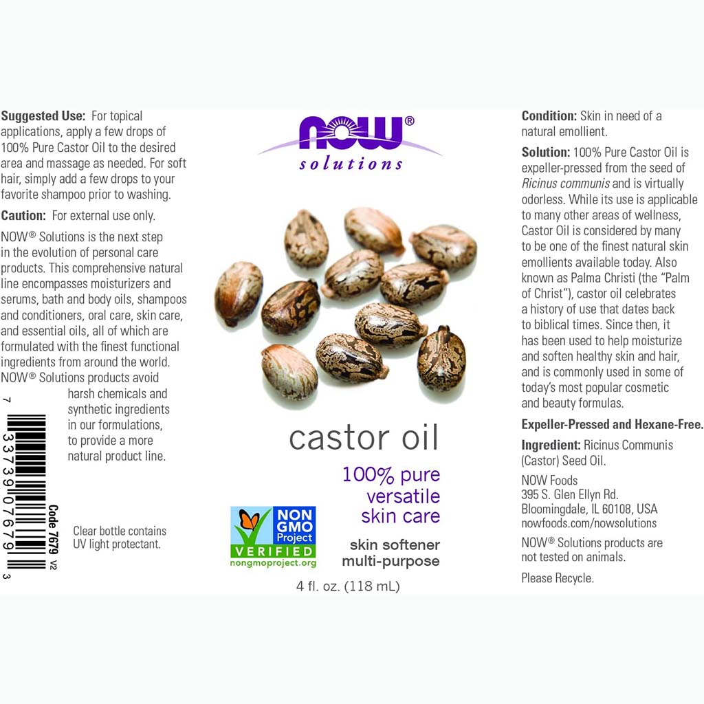 Now Solutions, Castor Oil 100% Pure Skin Softener, Natural oil for skin hydration and hair care, 118ml