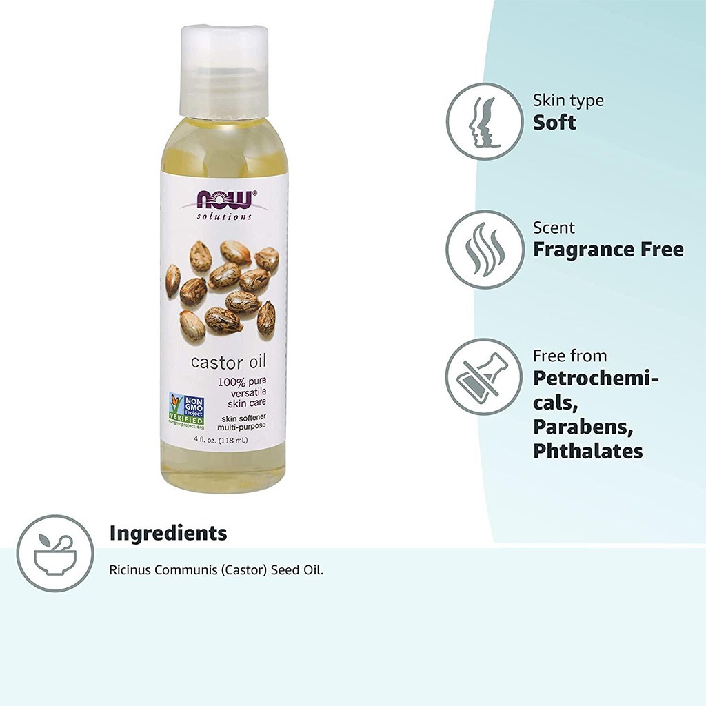 Now Solutions, Castor Oil 100% Pure Skin Softener, Natural oil for skin hydration and hair care, 118ml