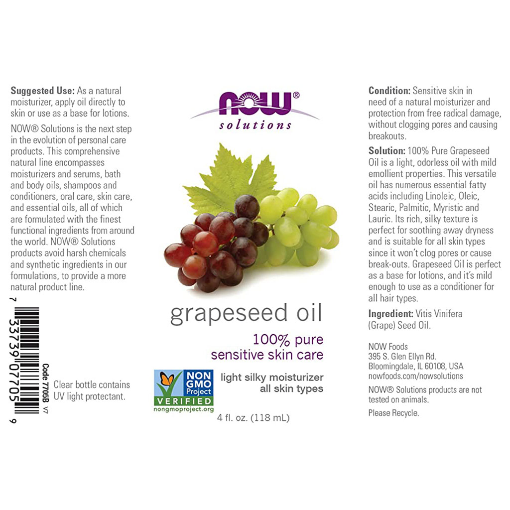 Now Solutions, 100% Pure Grapeseed Oil, Natural oil for sensitive skin care and moisturizing, 118ml