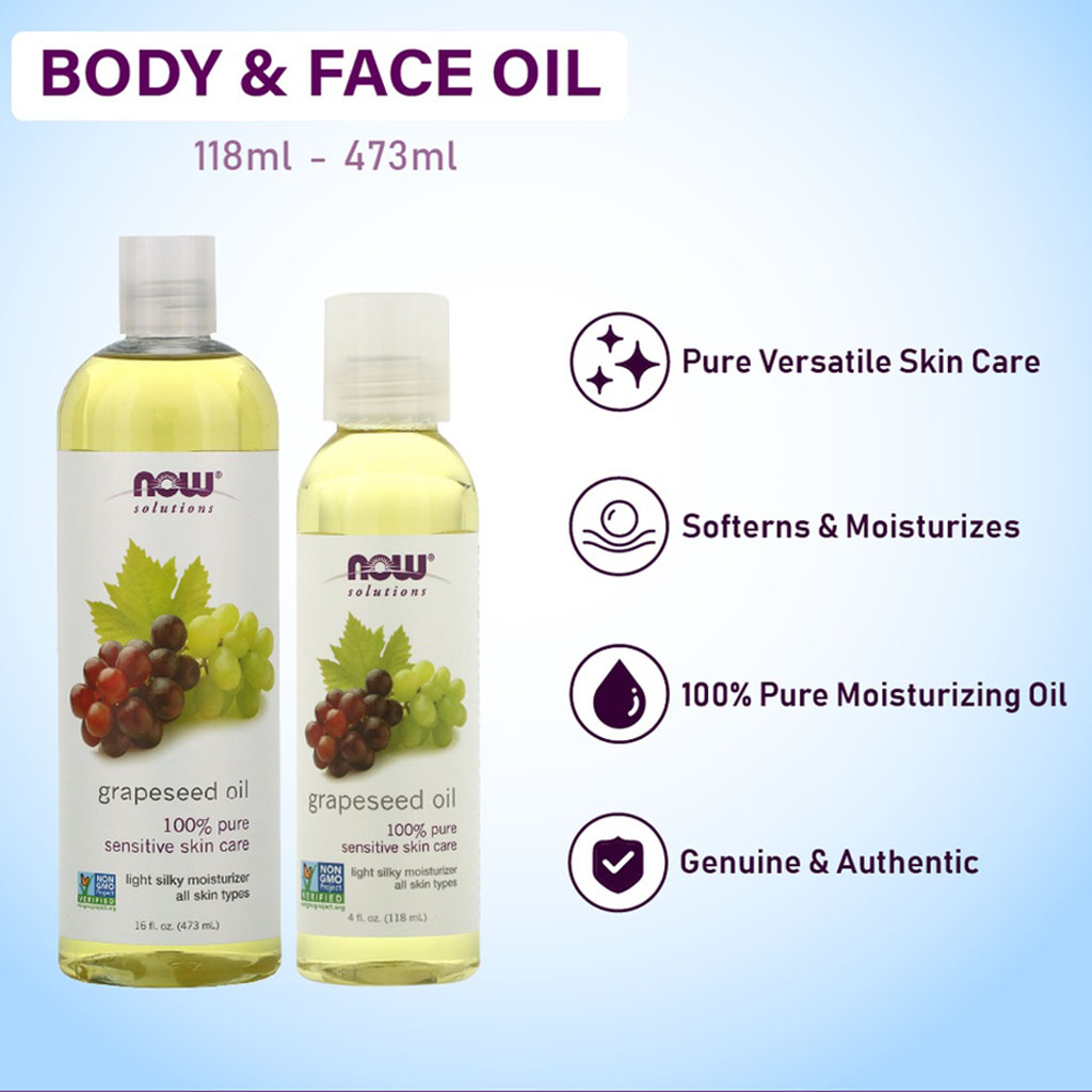 Now Solutions, 100% Pure Grapeseed Oil, Natural oil for sensitive skin care and moisturizing, 118ml