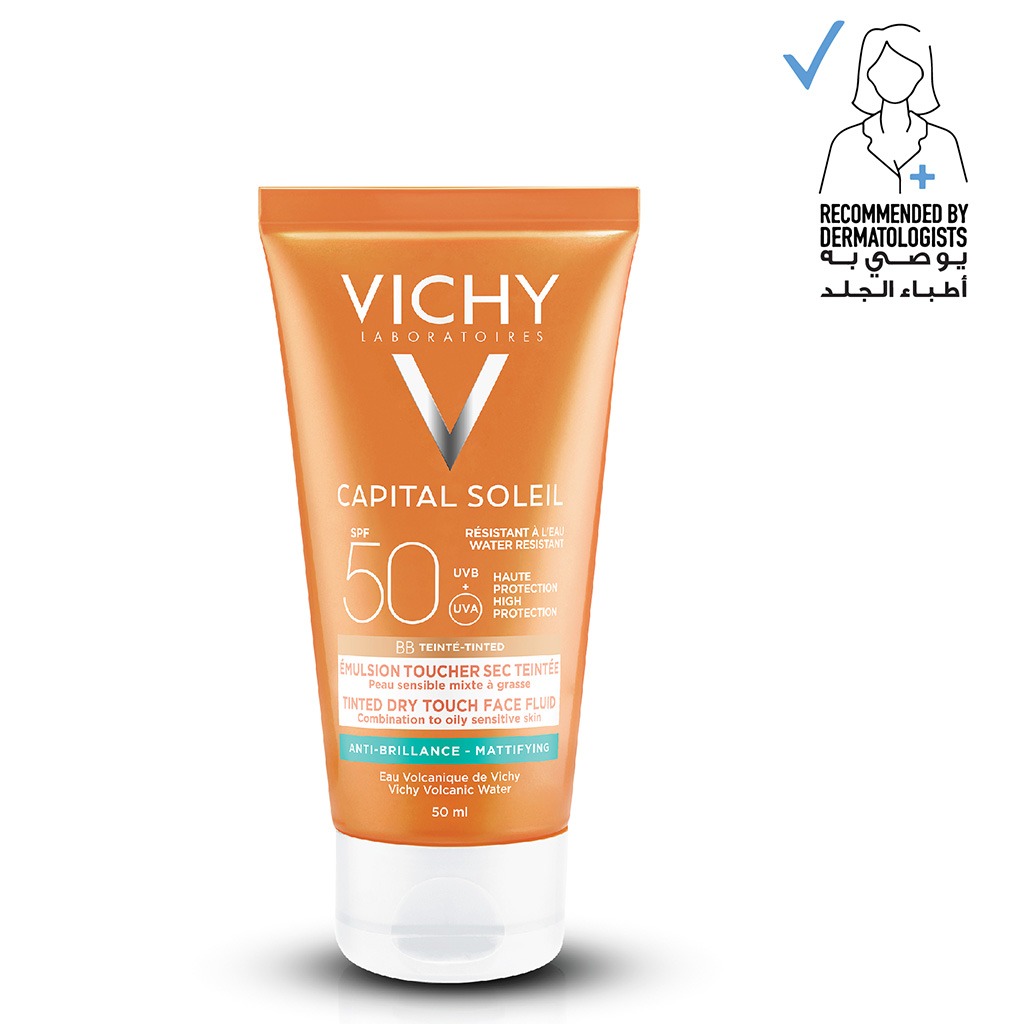Vichy, Capital Soleil BB Tinted Dry Touch Face Emulsion SPF 50, Tinted sunscreen with dry touch finish, 50 ml