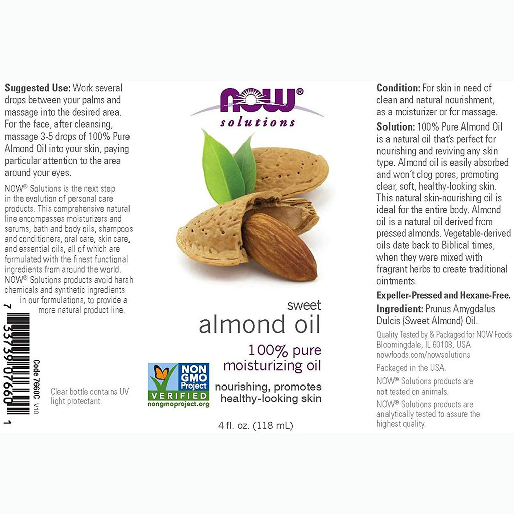 Now Solutions, 100% Pure Sweet Almond Moisturizing Oil, Natural oil for skin hydration and massage, 118ml